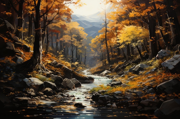 Bella vista della foresta autunnale vicino al fiume al mattino Illustrazione di sfondo autunnale Foto di alta qualità