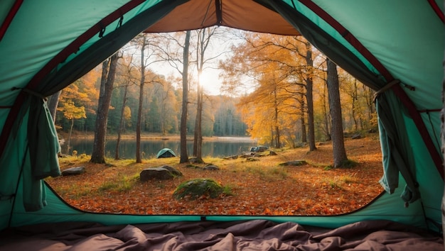 Bella vista della foresta d'autunno dall'interno di una tenda verde da campeggio