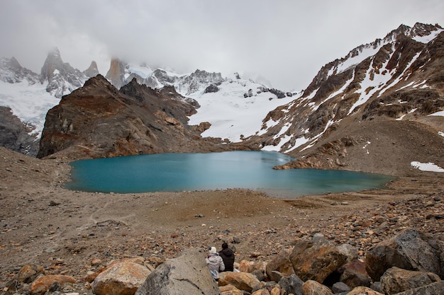 Bella vista della Laguna De Los Tres, Monte Fitz Roy, Torre y Poincenot, El Chalten, Patagonia, Arge