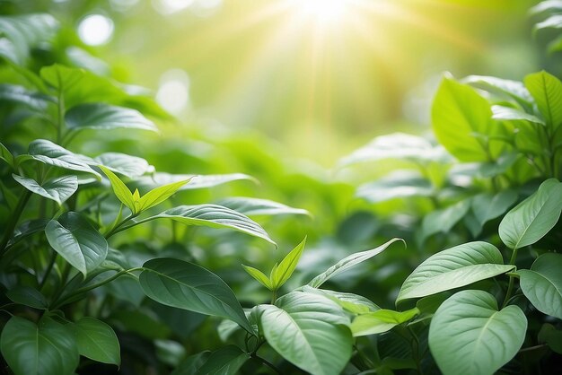 Bella vista della natura di foglia verde su uno sfondo verde sfocato in giardino e luce solare con spazio di copia utilizzando come sfondo piante verdi naturali paesaggio ecologia concetto di carta da parati fresca