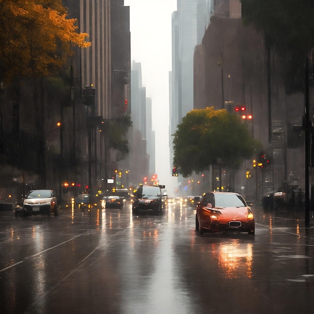 Bella vista della strada durante la pioggia città americana