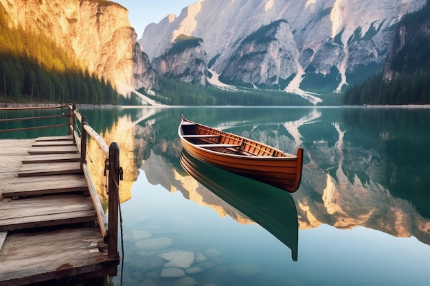 Bella vista delle tradizionali barche a remi in legno sul Lago di Braies nelle Dolomiti Generative AI