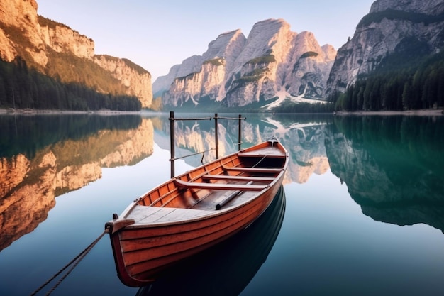 Bella vista delle tradizionali barche a remi in legno sul Lago di Braies nelle Dolomiti Generative AI