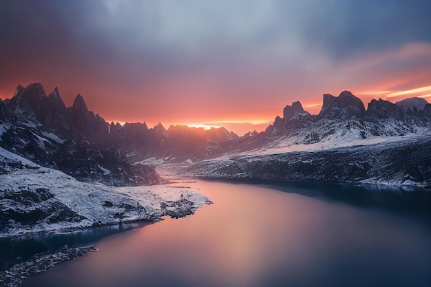 Bella vista di un fiume con montagne rocciose sullo sfondo durante un tramonto panoramico