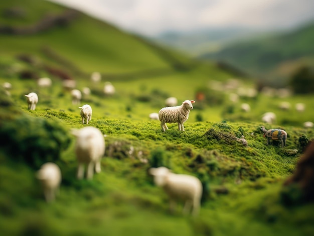Bella vista di un gruppo di pecore al campo verde