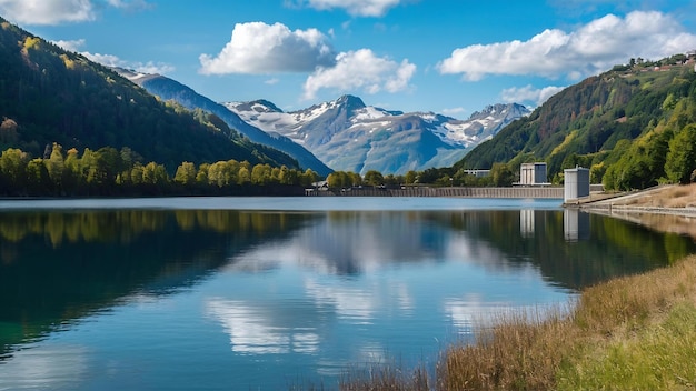 Bella vista di un lago circondato da montagne nel lago e la diga di Longrin in Svizzera