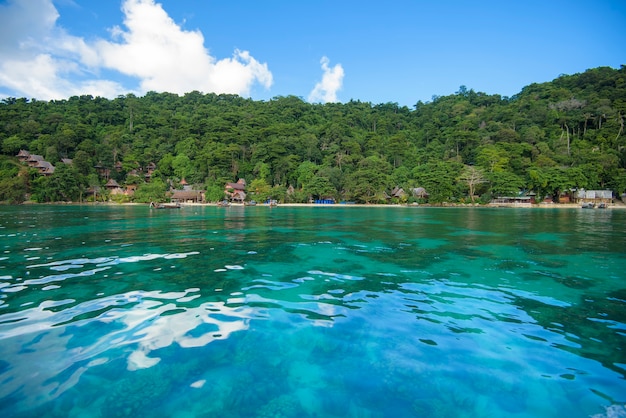 Bella vista paesaggio di spiaggia tropicale, mare color smeraldo e sabbia bianca contro il cielo blu, baia Maya nell'isola di phi phi, Thailandia