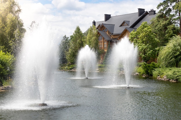 Bella vista su tre alte fontane in stagno al palazzo di lusso