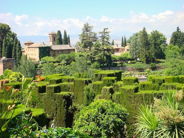 Bella vista sul giardino in un giorno d'estate Alhambra Granada Spagna
