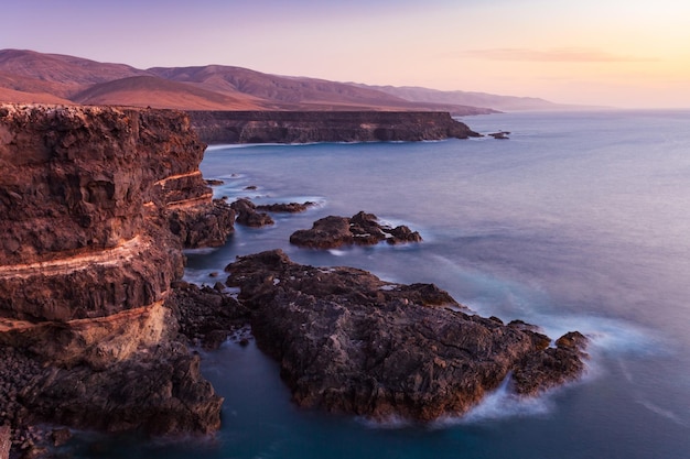 Bella vista sul mare al tramonto, Fuerteventura, Isole Canarie, Spagna