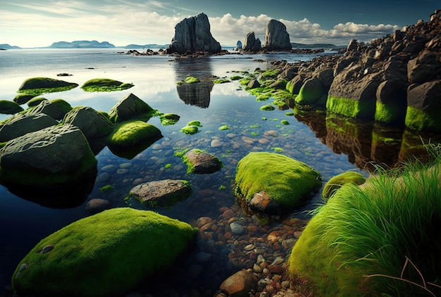 Bella vista sul mare con diverse rocce ricoperte di muschio