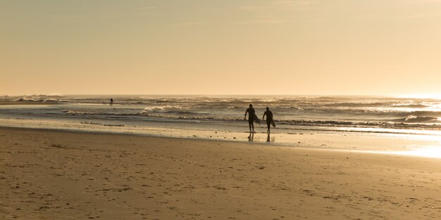 Bella vista sul mare con il surfista che cammina lungo la spiaggia