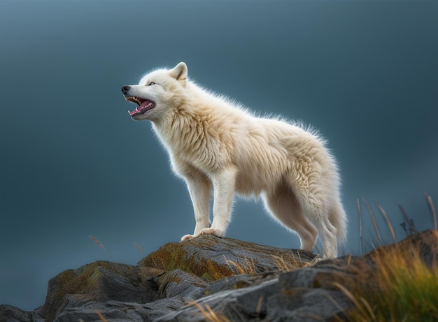 Bella vista verticale del lupo bianco in cima alla montagna generativa ai