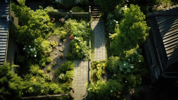 Bellamente paesaggistica piccola terrazza giardino vista dall'alto senza persone e spazio vuoto AI