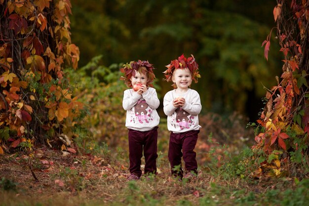 Belle bambine gemelle che tengono le mele nel giardino autunnale Bambine che giocano con le mele