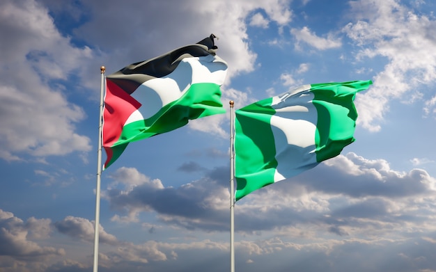 Belle bandiere dello stato nazionale della Palestina e della Nigeria insieme sul cielo blu