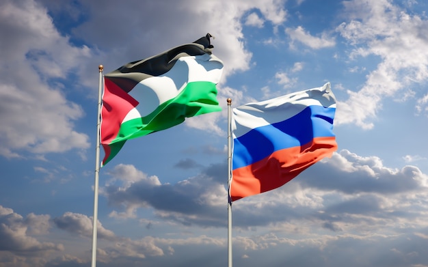 Belle bandiere dello stato nazionale della Palestina e della Russia insieme sul cielo blu. Grafica 3D