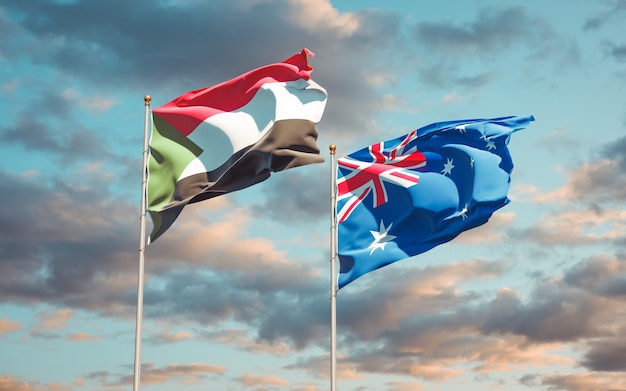 Belle bandiere di stato nazionali del Sudan e dell'Australia insieme