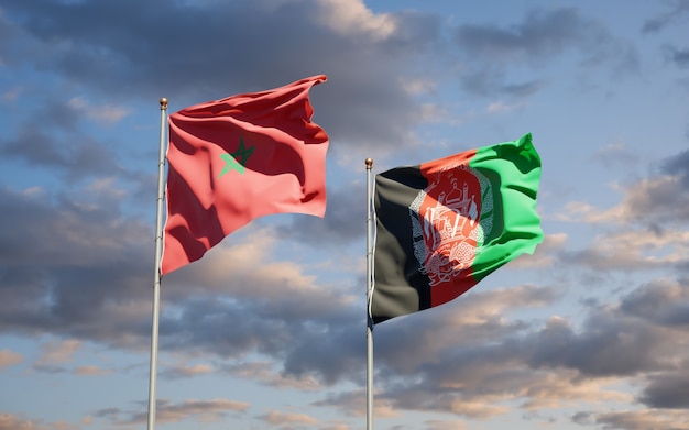 Belle bandiere di stato nazionali dell'Afghanistan e del Marocco