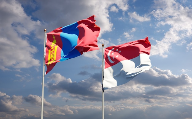 Belle bandiere di stato nazionali della Mongolia e Singapore insieme