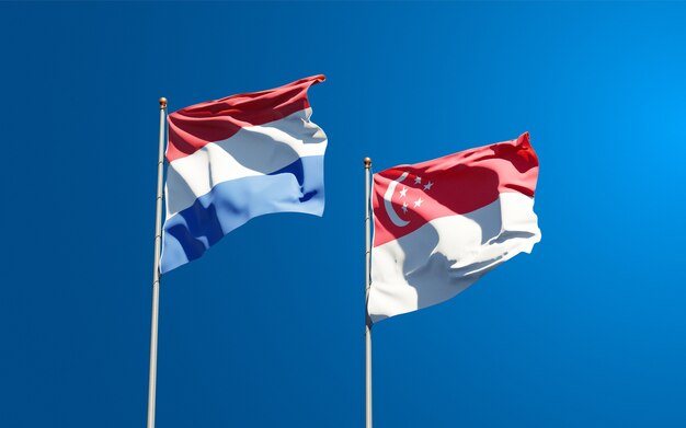 Belle bandiere di stato nazionali di Paesi Bassi e Singapore insieme