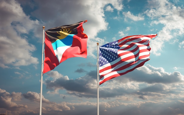Belle bandiere di stato nazionali di USA e Antigua e Barbuda insieme