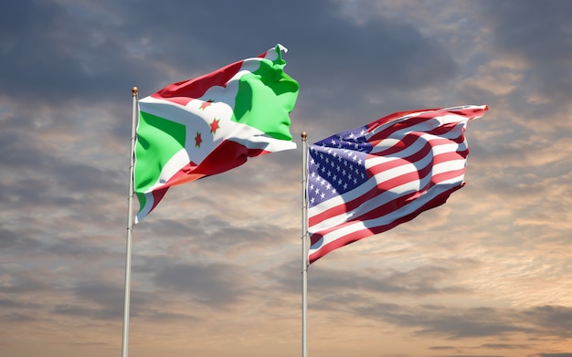 Belle bandiere di stato nazionali di USA e Burundi insieme