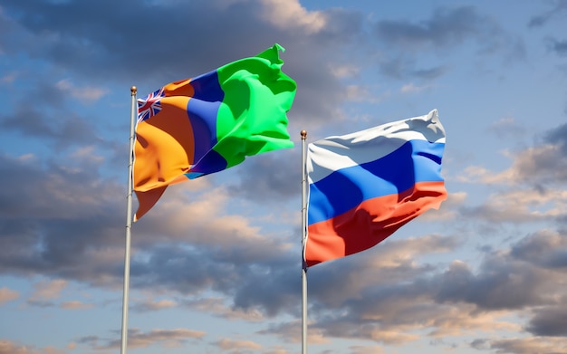 Belle bandiere nazionali dello stato del Sultanato di M'Simbati e della Russia insieme sul cielo blu. Grafica 3D
