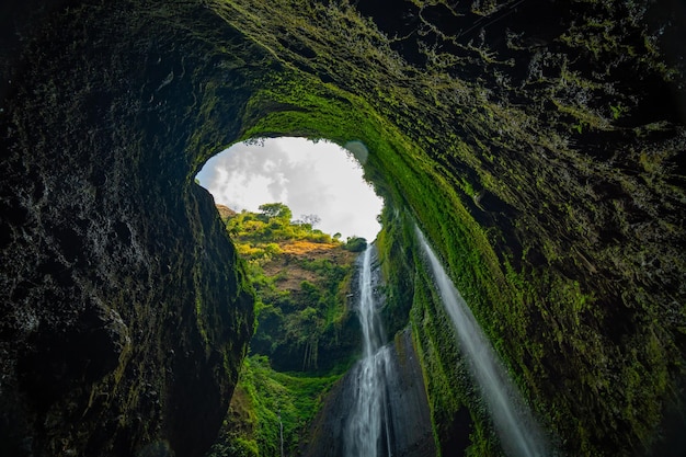 Belle cascate in una giornata di sole Vista inferiore Madakaripura Cascata è la cascata più alta di Java orientale Indonesia