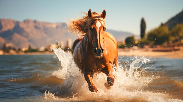 Belle corse di cavalli veloci sulla riva del mare