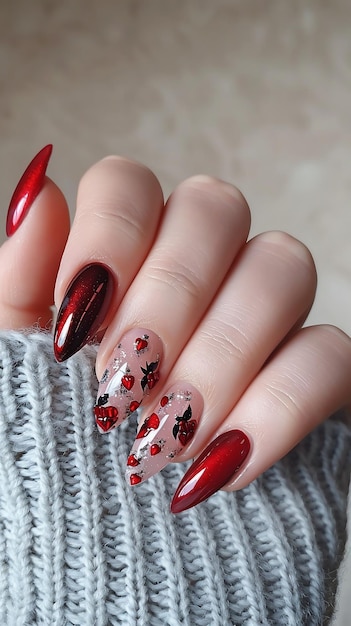 Belle dita con unghie lunghe e una bella idea di manicure per il giorno di San Valentino