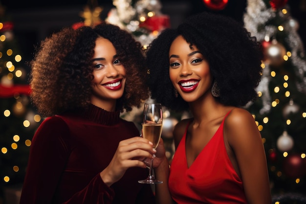 Belle donne afroamericane con bicchieri di champagne che celebrano il Natale AI generativa