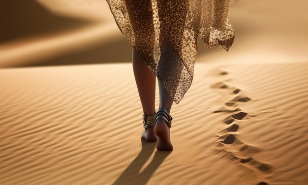 Belle donne che camminano nel deserto durante il tramonto a piedi nudi e vestono camminando nella sabbia con m