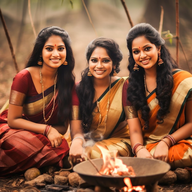 Belle donne del sud dell'India che adorano il festival del pongal