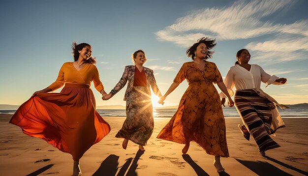 Belle donne in abito lungo che si divertono sulla spiaggia