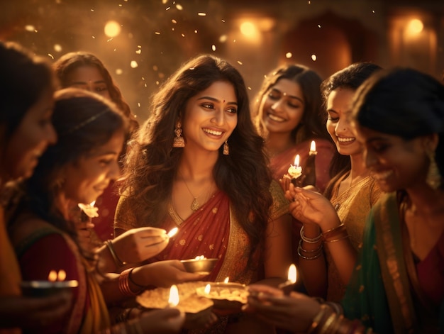 belle donne indiane in abito tradizionale con lampada diwali