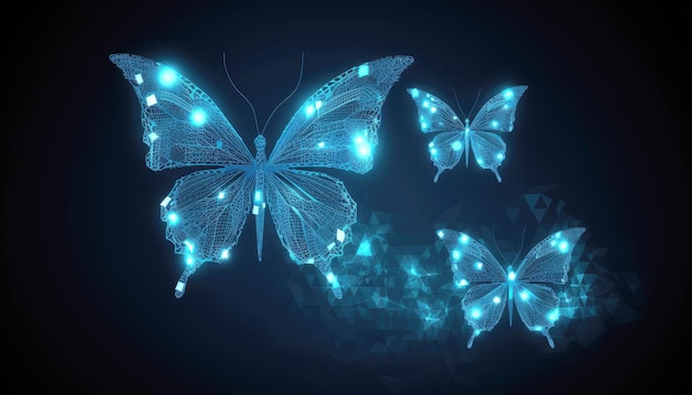 Belle farfalle frattali blu luminose astratto su sfondo nero Innovazione di trasformazione aziendale e concetto di interruzione AI generativa