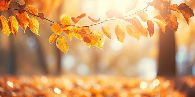 Belle foglie d'autunno arancione e dorate contro un parco sfocato alla luce del sole con un bellissimo bokeh