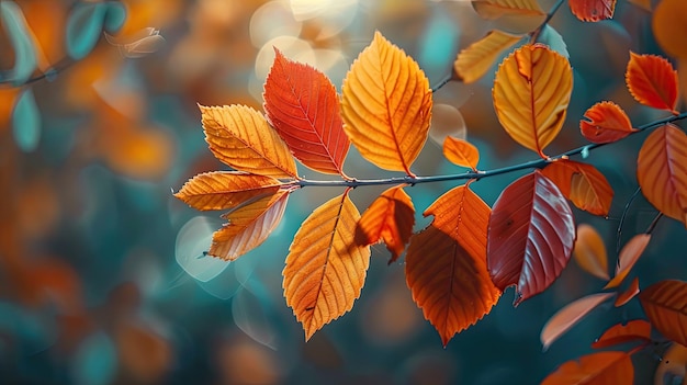 Belle foglie gialle, rosse e arancioni sullo sfondo sfocato dell'autunno