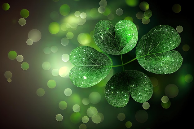 Belle foglie verdi di tre e quattro foglie di trifoglio Bokeh luce con polvere glitter sfondo per il giorno di San Patrizio realistico Ai generativa