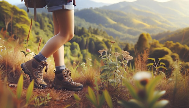 belle gambe di escursionista femminile in stivali da trekking sulla cima della collina spazio di copia
