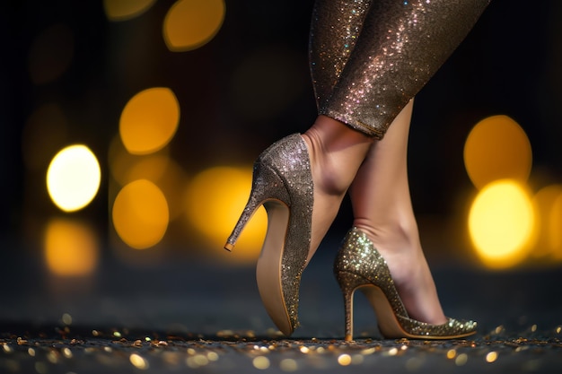 Belle gambe femminili in scarpe da sera con luci bokeh sullo sfondo generativo ai