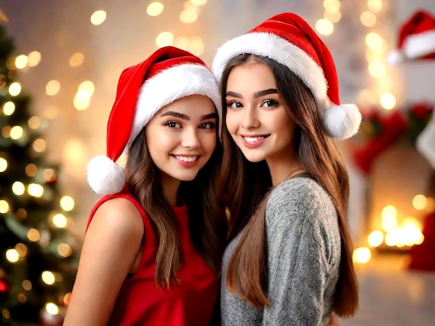 Belle giovani donne con cappelli di Babbo Natale su uno sfondo di Natale sfocato AI_Generato