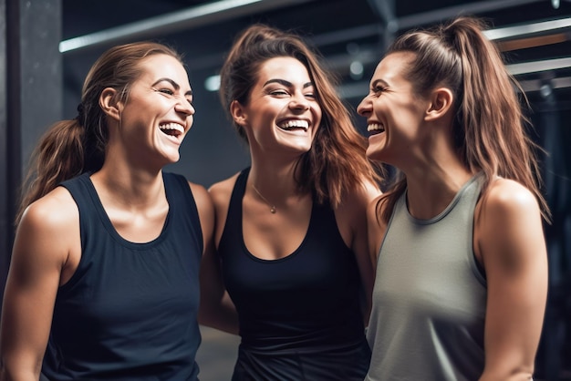 Belle giovani donne in abbigliamento sportivo ridono e sorridono mentre stanno sullo sfondo grigio.