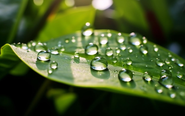 Belle gocce d'acqua dopo la pioggia su foglia verde alla luce del sole macro Molte gocce