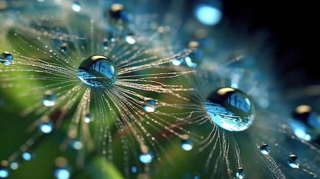 Belle gocce d'acqua su un macro di semi di dente di leone