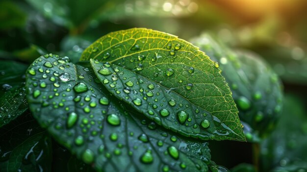 Belle gocce di acqua di pioggia trasparente su una macro foglia verde gocce di rugiada brillano al mattino brillano bella consistenza delle foglie in natura