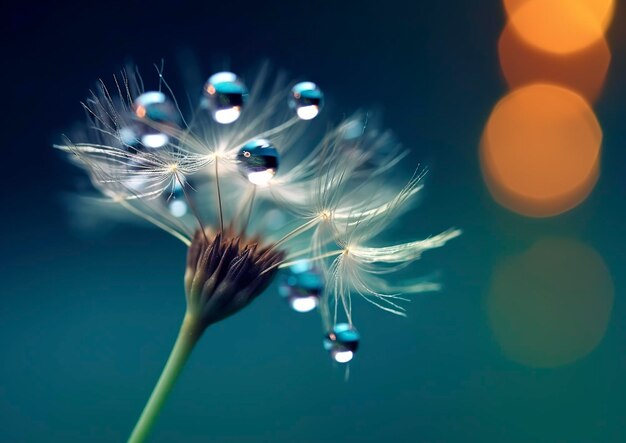 Belle gocce di rugiada su una macro di semi di tarassaco Bellissimo sfondo blu IA generativa