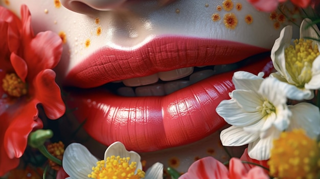 Belle labbra rosse e primo piano dei fiori Trucco e cosmesi