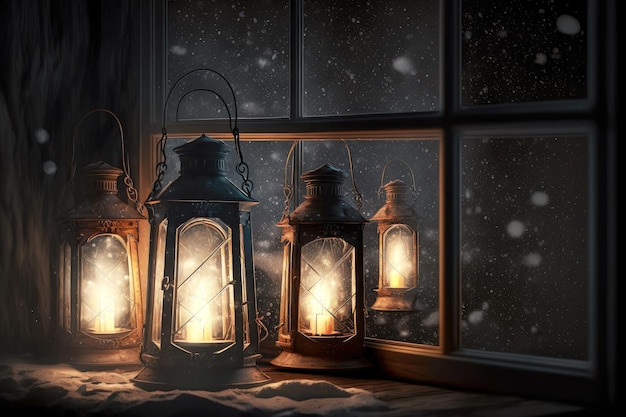 Belle lanterne di natale sulla finestra con lampade accese bianche nello spazio buio creato con generativ